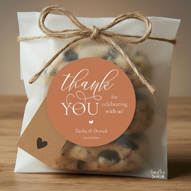 Adesivo Redondo Boho Moderno Casamento Bonito Coração Obrigado Pre (Modern Boho Wedding Cute Heart Thank You Gifts Classic Round Sticker in Classy Copper Brown)