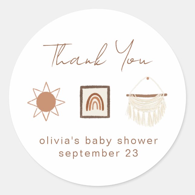 Adesivo Redondo Boho Nursery Chá de fraldas Obrigado (Frente)