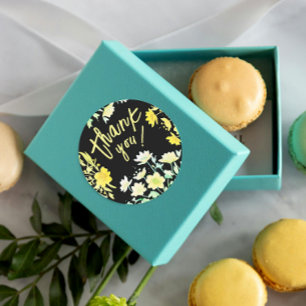 Adesivo Redondo Boho Obrigado Primavera Verde Amarelo Negro Floral