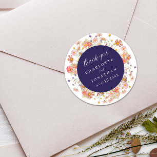 Adesivo Redondo Boho Outono Floral Azul Marinho Casamento Obrigada