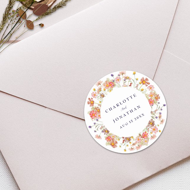 Adesivo Redondo Boho Outono Rústico Floral de Flores Silvestres Ca (Boho fall wildflower navy and white wedding custom sticker Watercolor flowers fall colors)