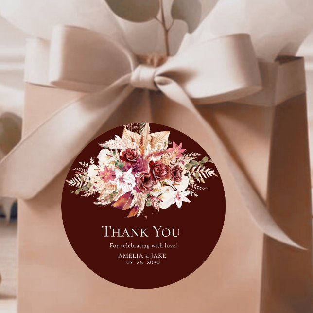 Adesivo Redondo Boho Pampas Burgundy Floral Round Wedding  (Criador carregado)