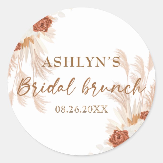 Adesivo Redondo Boho Pampas Grass Elegante Bridal Brunch Terracott (Frente)