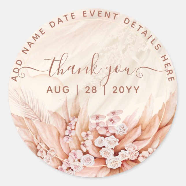 Adesivo Redondo Boho Pampas Grass Obrigado A Favor Da Ronda Clássi (Frente)