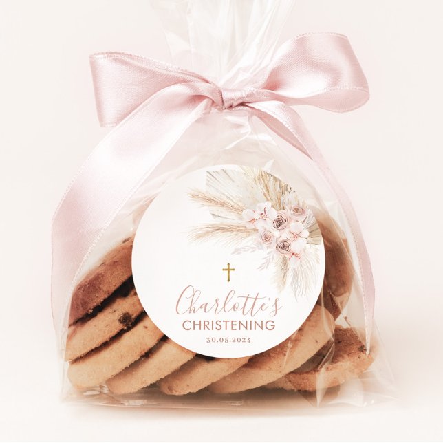 Adesivo Redondo Boho Pampas Menina Rosa Batismo Floral Christening (Criador carregado)