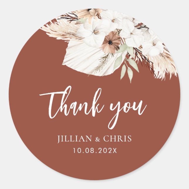 Adesivo Redondo boho pampas terracotta clássico do casamento flora (Frente)