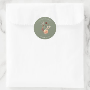 Adesivo Redondo Boho Pêssego e Ferrugem Floral Verde Salvia Chá de