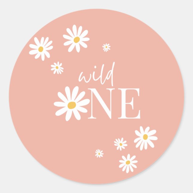Adesivo Redondo Boho Pink Daisy Wild One primeiro aniversario (Frente)