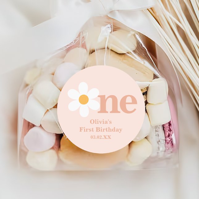 Adesivo Redondo Boho Primavera Blush Pink Daisy Um Primeiro Aniver (Criador carregado)