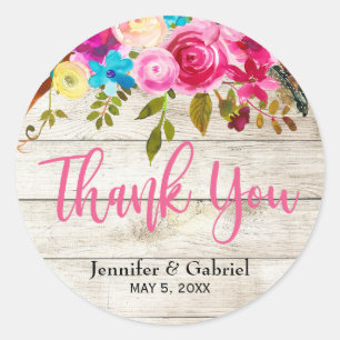 Adesivo Redondo Boho Primavera Pink Wood Floral Obrigado Casamento