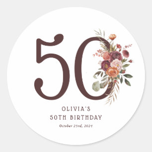 Adesivo Redondo Boho Pumpkin Outono Florido Aniversário de 50 anos