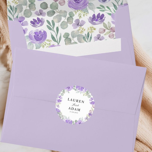 Adesivo Redondo Boho Purple Floral Casais Nomes Casamento (Criador carregado)