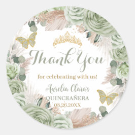 Adesivo Redondo Boho Quinceañera Sage Green Floral Pampas Grass