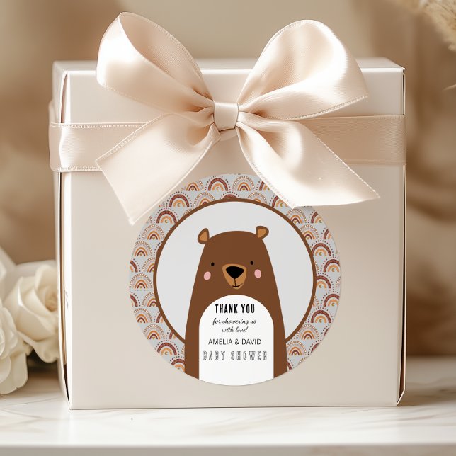 Adesivo Redondo Boho Rainbow Bear Neutral Baby Shower Thank You (Criador carregado)