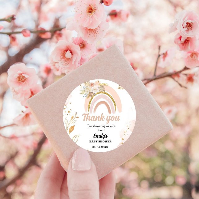 Adesivo Redondo Boho Rainbow Pampas Grass Obrigado Chá de fraldas (Criador carregado)