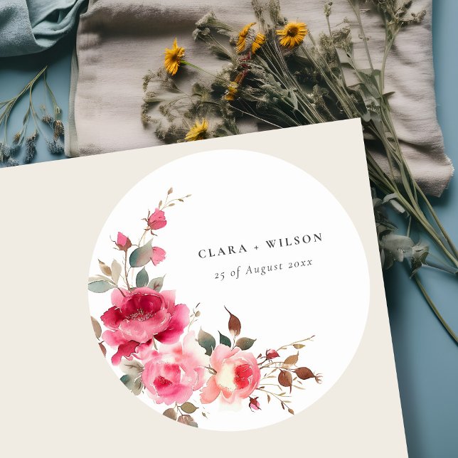 Adesivo Redondo Boho Red Pink Rose Flowers Watercolor Casamento (Criador carregado)