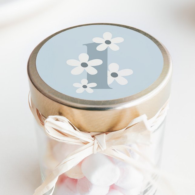 Adesivo Redondo Boho Retro Daisy 1rua Azul Groovy Aniversário (Criador carregado)