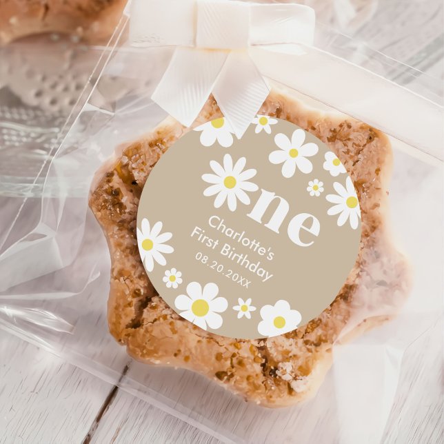 Adesivo Redondo Boho Retro Daisy primeiro aniversario (Criador carregado)