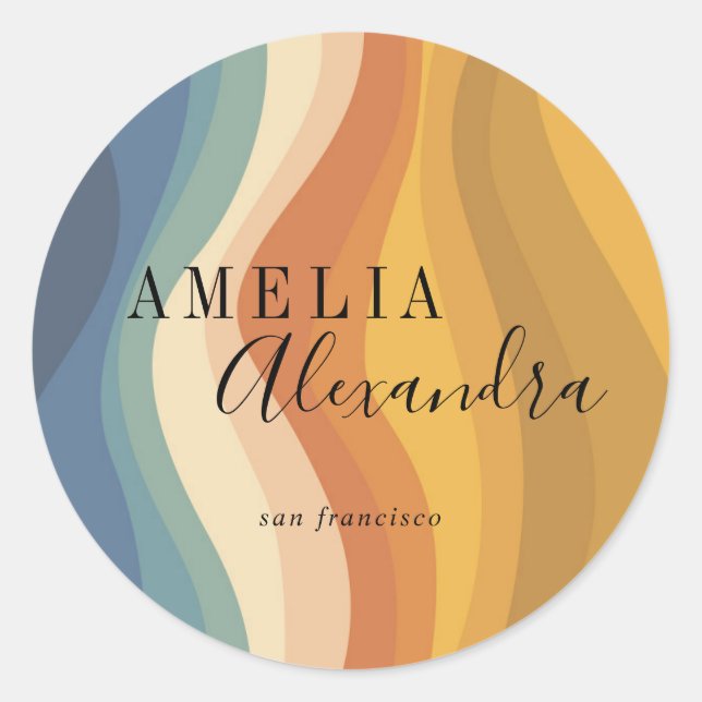 Adesivo Redondo Boho Retro Script Abstrato Wavy Lines Amarelo (Frente)