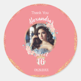 Adesivo Redondo Boho Rosa Dourado Foto Personalizada Doce Dezessei