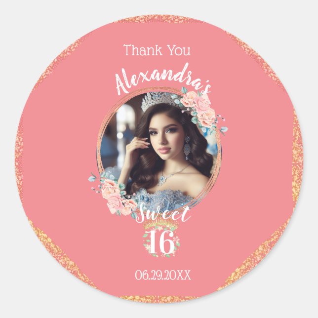 Adesivo Redondo Boho Rosa Dourado Foto Personalizada Doce Dezessei (Frente)