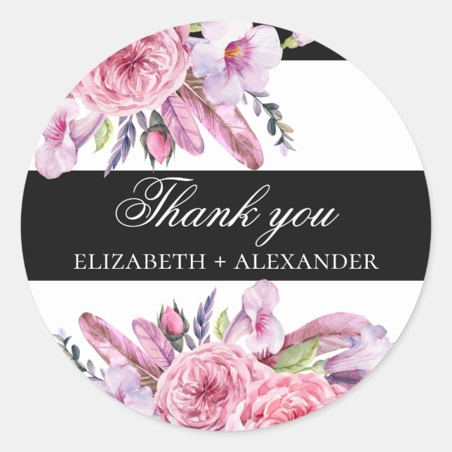 Adesivo Redondo Boho rosa flores e penas obrigado de casamento (Frente)