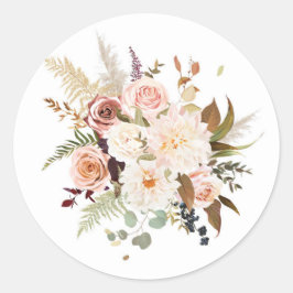 Adesivo Redondo Boho Rosas Coloridas Flores Brancas Casamento