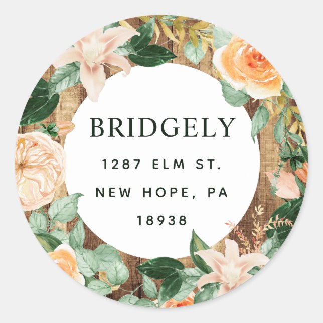 Adesivo Redondo Boho Rustic Wood Floral Address (Frente)