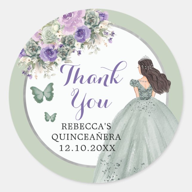 Adesivo Redondo Boho Sage Green Lilac Girl Floral Quinceañera (Frente)