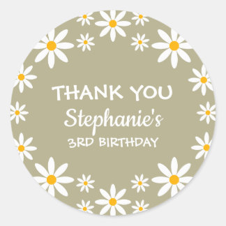 Adesivo Redondo Boho Sage Green Retro Daisies Birthay Party