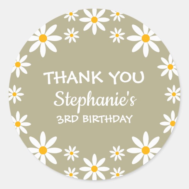 Adesivo Redondo Boho Sage Green Retro Daisies Birthay Party (Frente)