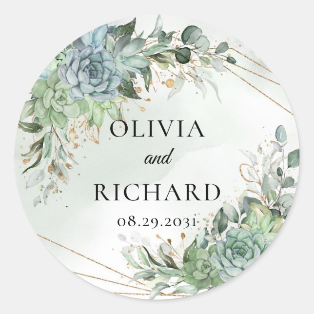 Adesivo Redondo Boho suculenta moldura verde de ouro de eucalipto (Frente)