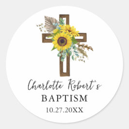 Adesivo Redondo Boho Sunflower & Eucalyptus Rustic Cross Baptism