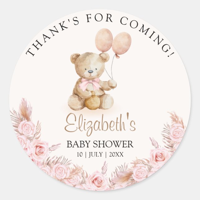 Adesivo Redondo Boho Teddy Bear Baby Shower Girl (Frente)