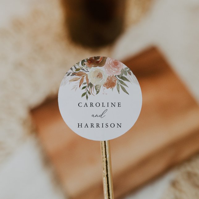 Adesivo Redondo Boho Terracotta Casamento Floral Elegante (Criador carregado)