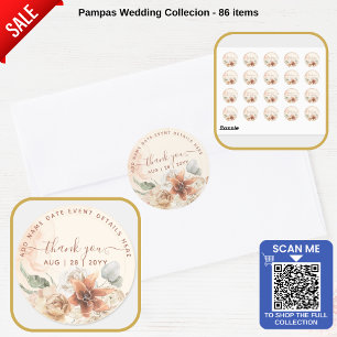 Adesivo Redondo Boho Terracotta Pampas Grass Obrigado Classe Favor