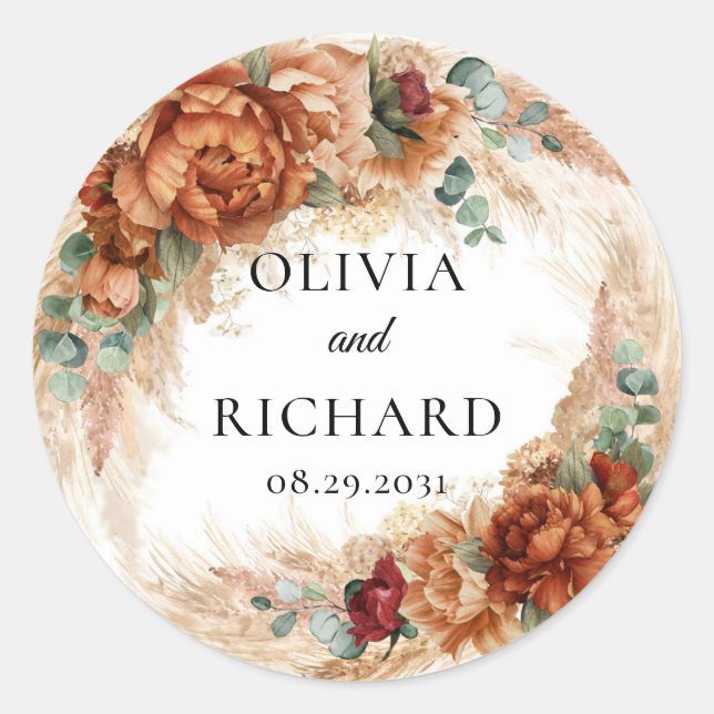 Adesivo Redondo Boho terracotta pampas greenery cobre floral (Frente)