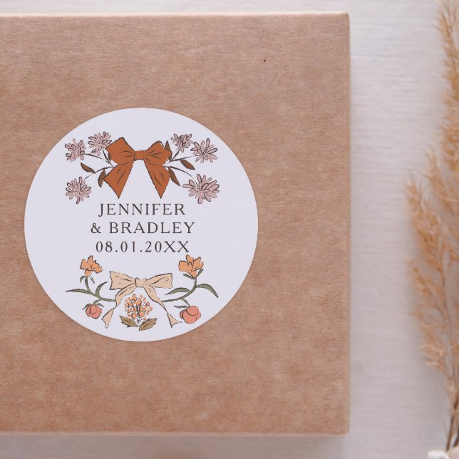Adesivo Redondo Boho Terracotta Ribbons, Favor do Casamento Floral (Criador carregado)