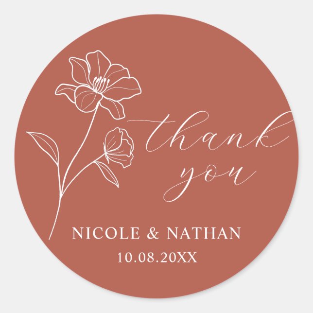 Adesivo Redondo Boho Terracotta Rustic Wedding | Floral Obrigado (Frente)