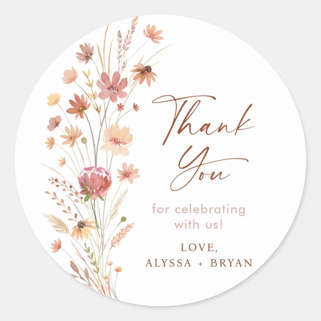 Adesivo Redondo Boho Terracotta Wildflower Chá de fraldas (Frente)