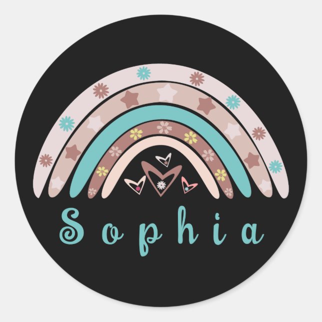 Adesivo Redondo Boho Trendy Rainbow com Nome Personalizado (Frente)