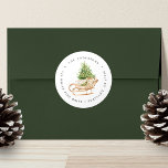 Adesivo Redondo Boho Watercolor Christmas Sleigh Return Address<br><div class="desc">Adicione um toque festivo aos envelopes de férias com etiquetas de endereço de retorno. Os autocolantes personalizados apresentam um trenó de aquarela cheio de uma árvore de Natal e presentes. Personalize os adesivos elegantes de feriado,  adicionando seu nome e endereço em texto preto.</div>