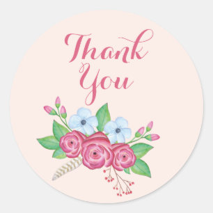Adesivo Redondo Boho Watercolor Floral Flower Buquê, "Obrigado"