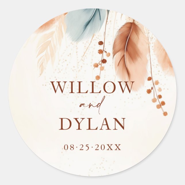 Adesivo Redondo Boho Watercolor Terracotta Beige Blue Pampas Grass (Frente)