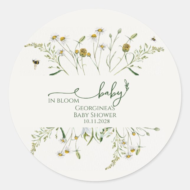 Adesivo Redondo Boho Wildflower Baby in Bloom Baby Shower  (Frente)