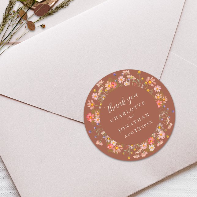 Adesivo Redondo Boho Wildflower Burnt Orange Weding Obrigado (Boho fall rustic Wildflower floral burnt orange and beige Wedding thank you custom stickers )