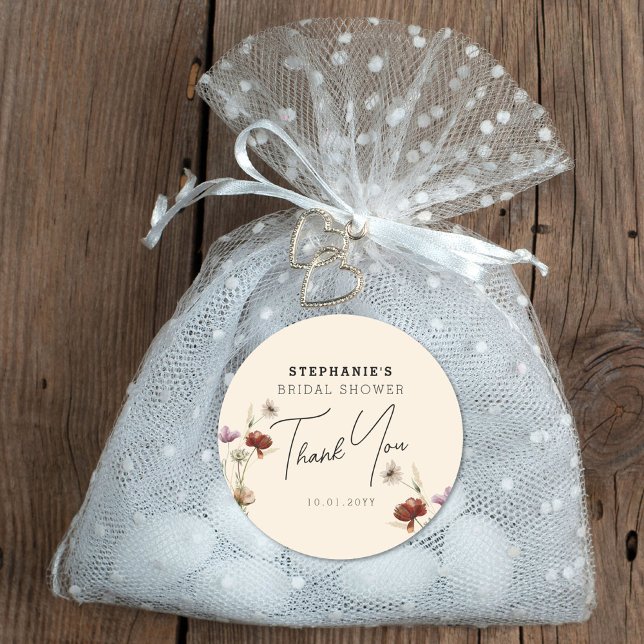 Adesivo Redondo Boho Wildflower Chá de panela Obrigado (Criador carregado)