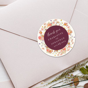Adesivo Redondo Boho Wildflower Floral Burgundy Casamento Obrigado