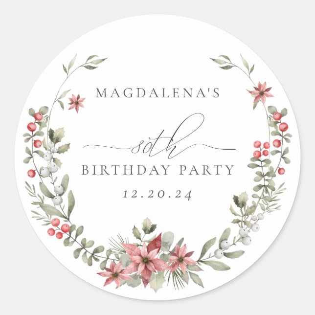 Adesivo Redondo Boho Winter Greenery Red Floral 80 Aniversário (Frente)