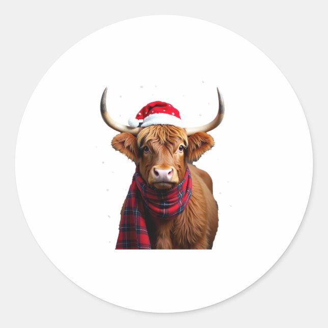 Adesivo Redondo Boho Xmas Christmas Highland Cow T-Shirt (1) (Frente)